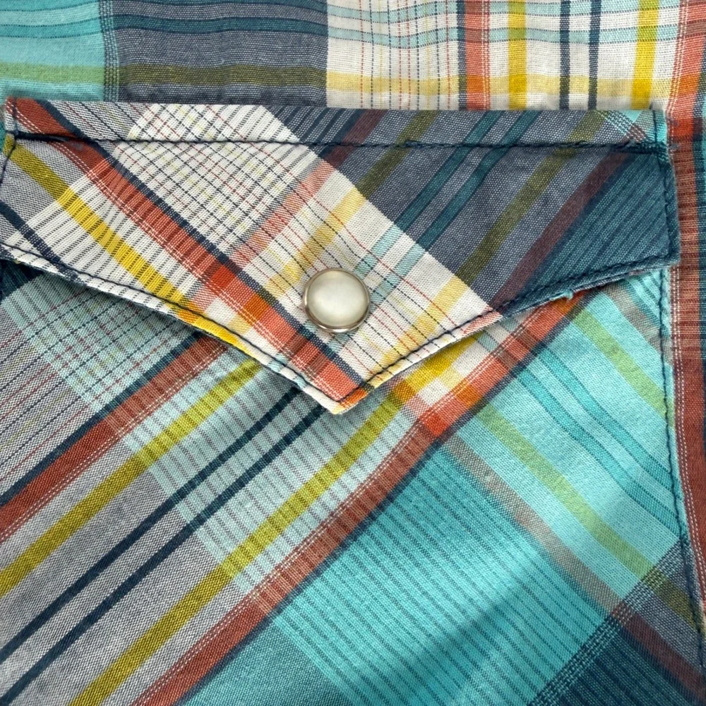 Vintage Levis Mens Western Pearl Snap Shirt Plaid Teal Blue Long Sleeve XXL